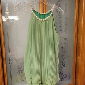 Elegant Green Pleated Top with Pearl Detail